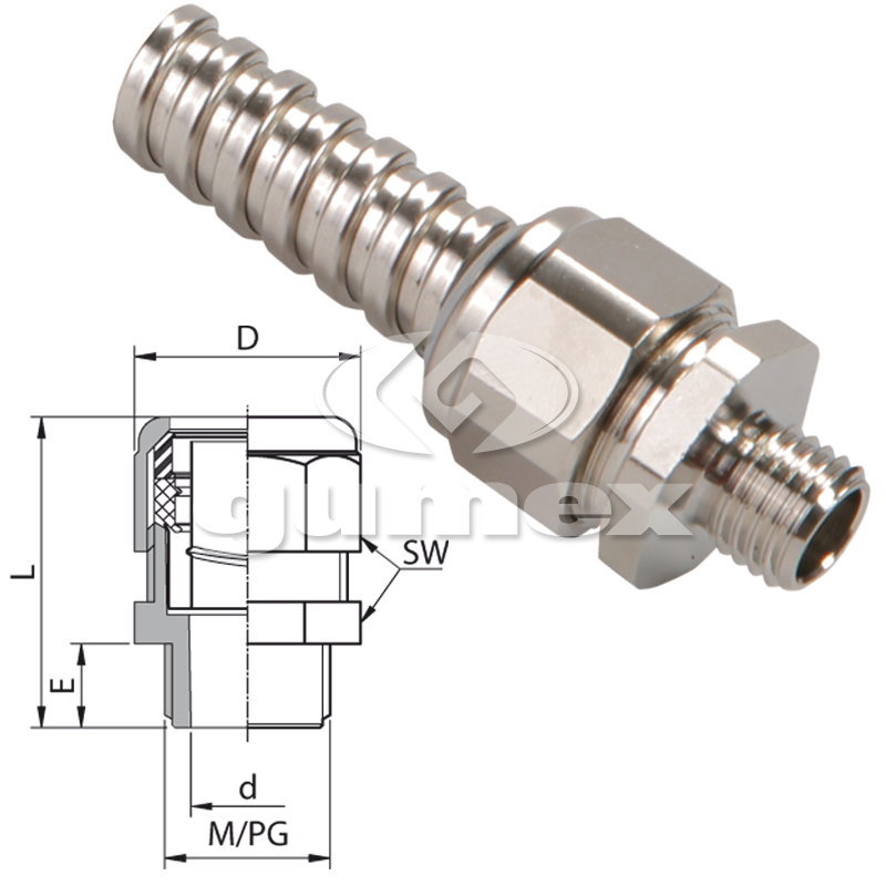 Konektor AU 159M pro chráničky METAL HOSE 101/VA 108, vnější závit M10x1, rozměr koncovky 10mm, IP40, -10°C/+110°C, poniklovaná mosaz